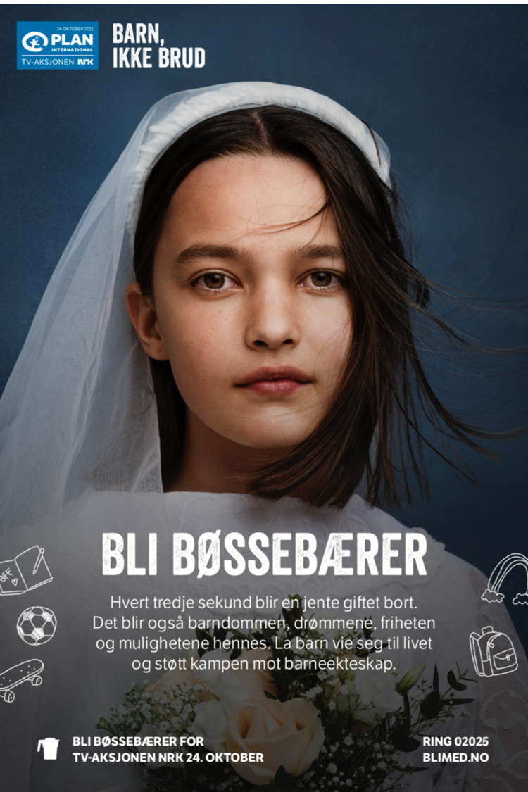 TV-aksjonen 2021 sin kampanjeplakat. En ung jente med brudebukett og brudeslør, og teksten "Barn, ikke brud".